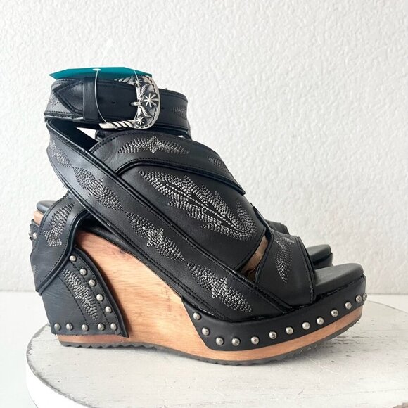 Lane Boots LEXINGTON Womens Black Wedges 8.5 Western Sandals Cowgirl Wooden Heel - Picture 2 of 11